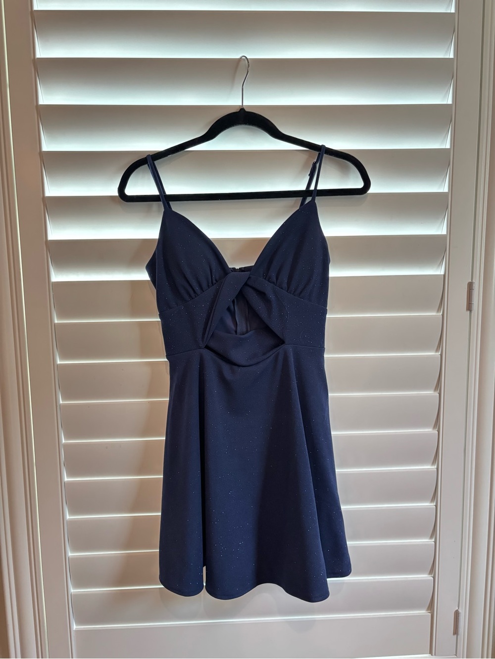 Navy Sparkle Knot-Front Spaghetti Strap Dress - homecoming dress